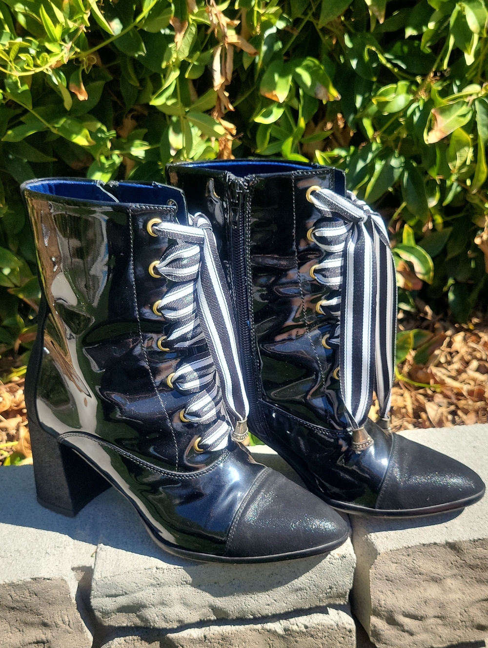 Valentina Rangoni Black Patent Leather Ribbon Lace Up Ankle Boots Italy 5.5 M